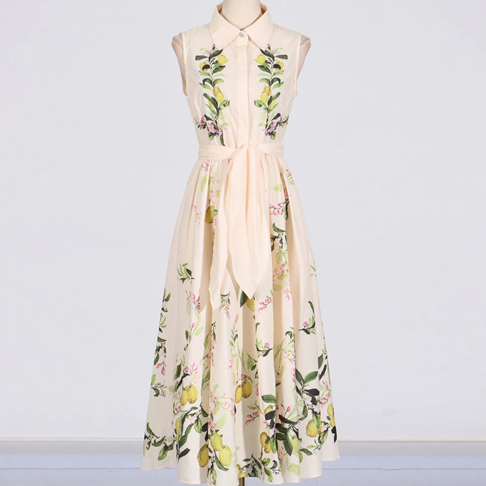 2025 Summer Advanced Design Beige Sleeveless Maxi Dress with Bow Belt and Turn-Down Collar