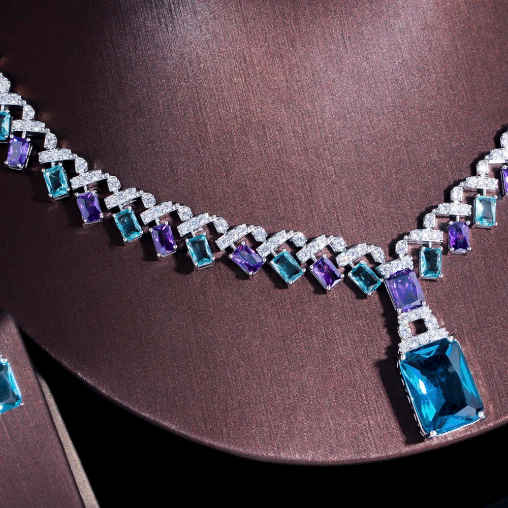 Luxury Blue & Purple Cubic Zirconia Bridal Jewelry Set – Silver Square Drop Necklace & Earrings for Wedding or Party