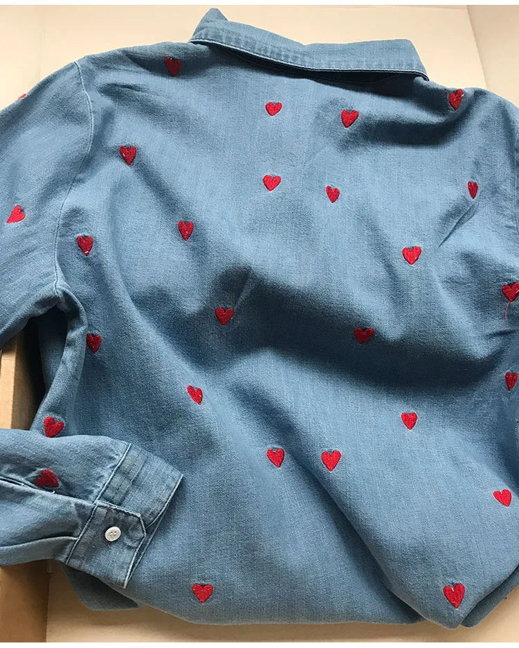 Women's Heart Embroidery Blouse - Turn-Down Collar, Single-Breasted, Fresh Long Sleeve Denim Shirt for Valentine's Day