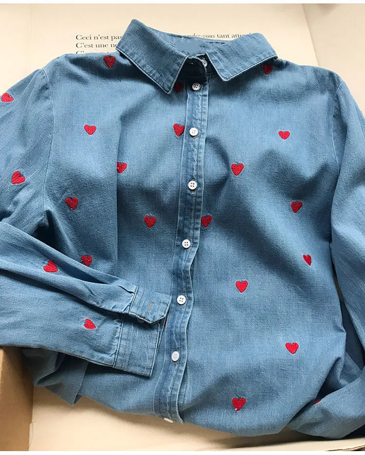 Women's Heart Embroidery Blouse - Turn-Down Collar, Single-Breasted, Fresh Long Sleeve Denim Shirt for Valentine's Day