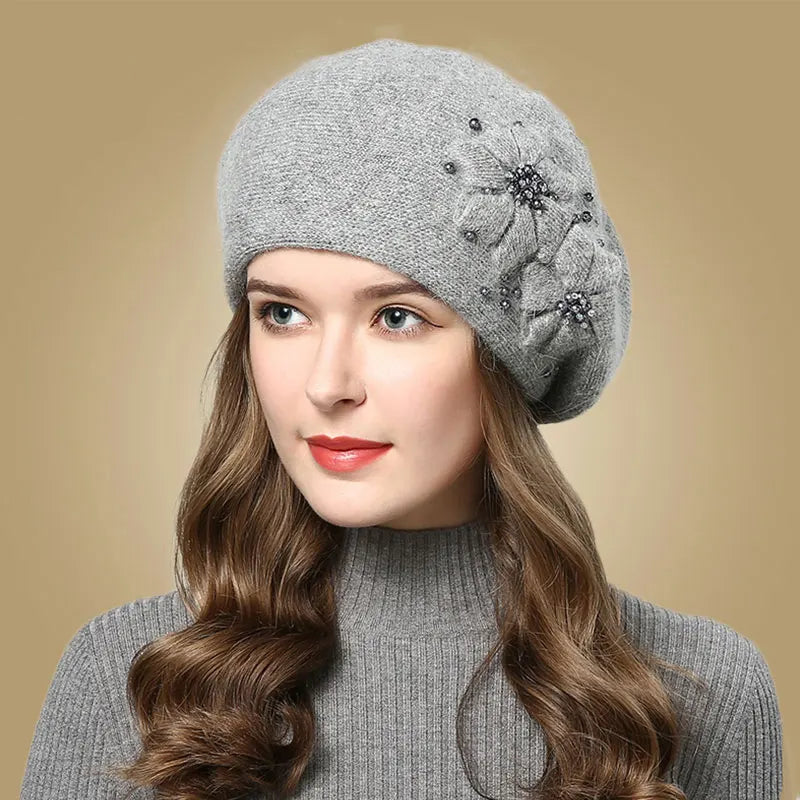 Women Rabbit Berets Knitted Wool Hats Winter Flowers Warm Female Cap Girls Beanies Fur Hat Gorros Bonnet Femme Hiver 2023