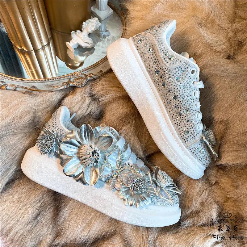 Silver Diamond Butterfly Bow Sneakers for Women - Comfortable, Fashionable Platform Shoes with Crystal and Flower Design