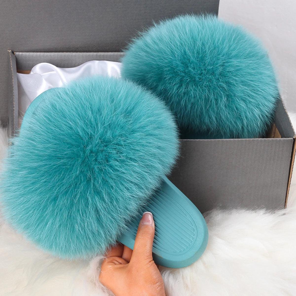 Women's Fluffy Fox Fur Slippers - Plush Sandals for Comfort and Style - HER SHOP