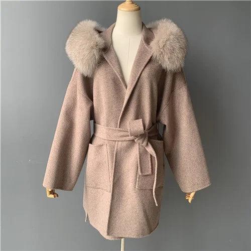 Women's Winter Coat - Real Fur Hood, 100% Natural Fox Fur Collar & Cuffs, Cashmere Wool Blend, Oversized Loose Fit Outerwear