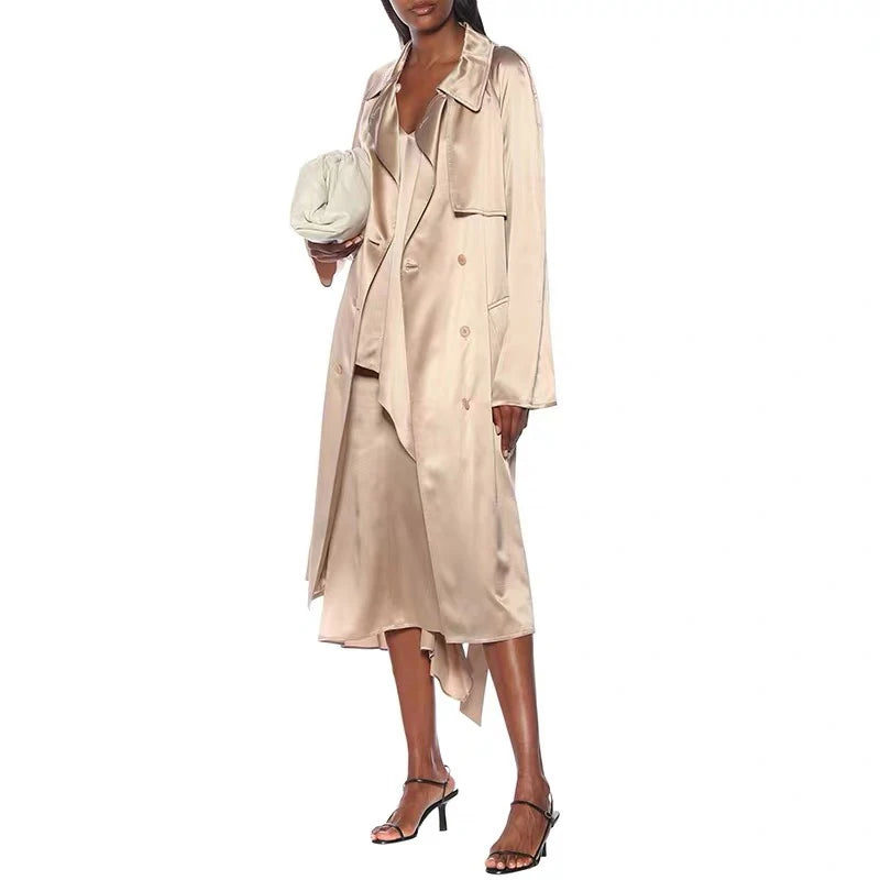 Effortless Chic Gloss 100% Heavy Silk Satin Champagne Double Breasted Belted Trench Elegant Turn-Collar Long Coat Event Outwear