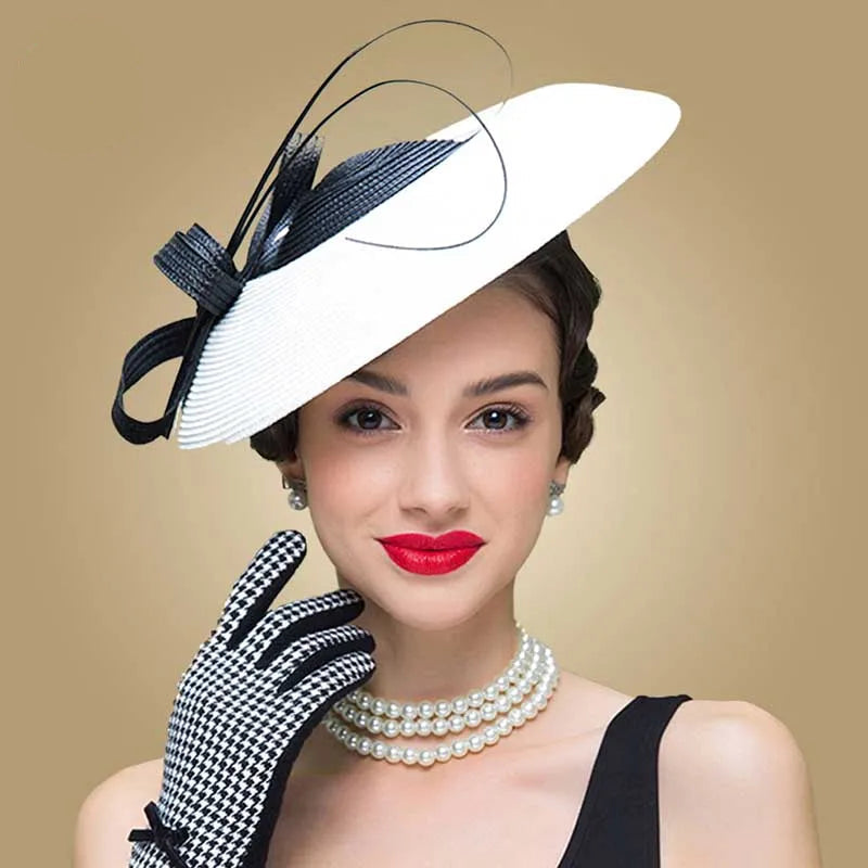 Fascinators Black and White Wedding Pillbox Hat for Women – Vintage Straw Fedora, Elegant Church Dress Hat, Sinamay Derby Hat