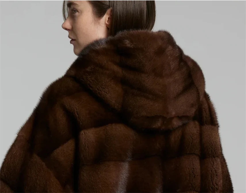Women’s Windproof Mahogany Mink Fur Coat with Ho
