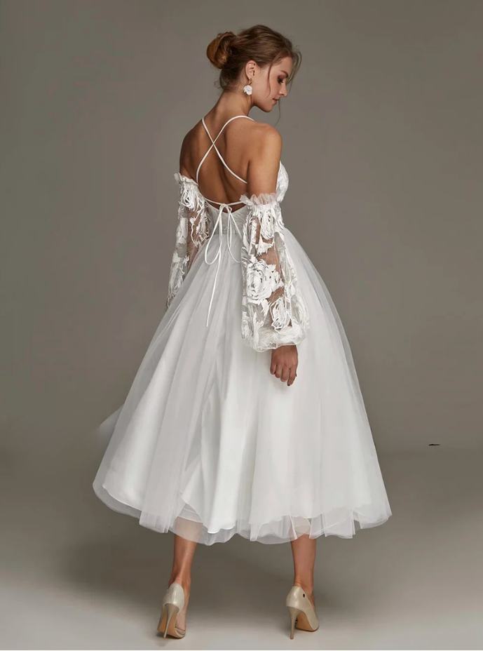Sexy Short Wedding Dress Halter Sleeveless Lace Tulle A Line Bridal Gown Tea Length Vestidos De Novia Civil Bride Dresses