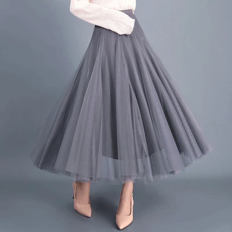 Elegant Beige Tulle Maxi Skirt – High Waist A-Line Mesh Long Skirt for Women