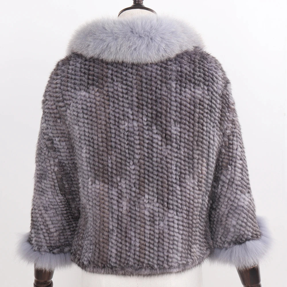 Women's Real Mink Fur Knitted Shawl Coat with Fox Fur Collar– Luxury Fashion Knit Cape Jacket