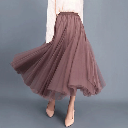 Elegant Beige Tulle Maxi Skirt – High Waist A-Line Mesh Long Skirt for Women - HER SHOP