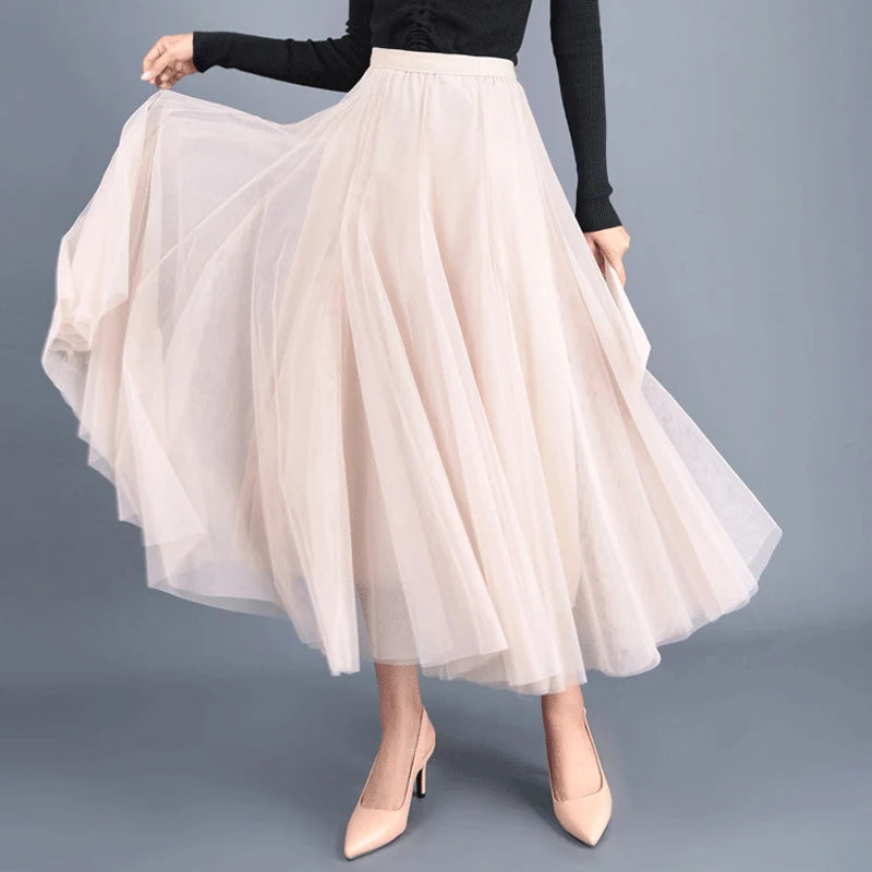 Elegant Beige Tulle Maxi Skirt – High Waist A-Line Mesh Long Skirt for Women - HER SHOP
