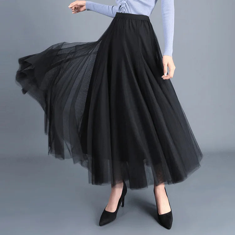 Elegant Beige Tulle Maxi Skirt – High Waist A-Line Mesh Long Skirt for Women