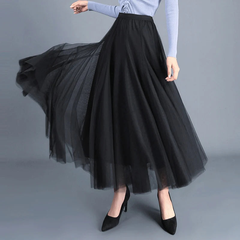 Elegant Beige Tulle Maxi Skirt – High Waist A-Line Mesh Long Skirt for Women