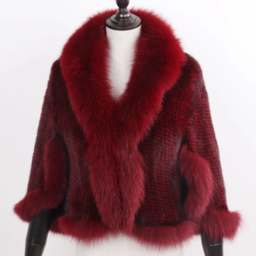 Women's Real Mink Fur Knitted Shawl Coat with Fox Fur Collar– Luxury Fashion Knit Cape Jacket