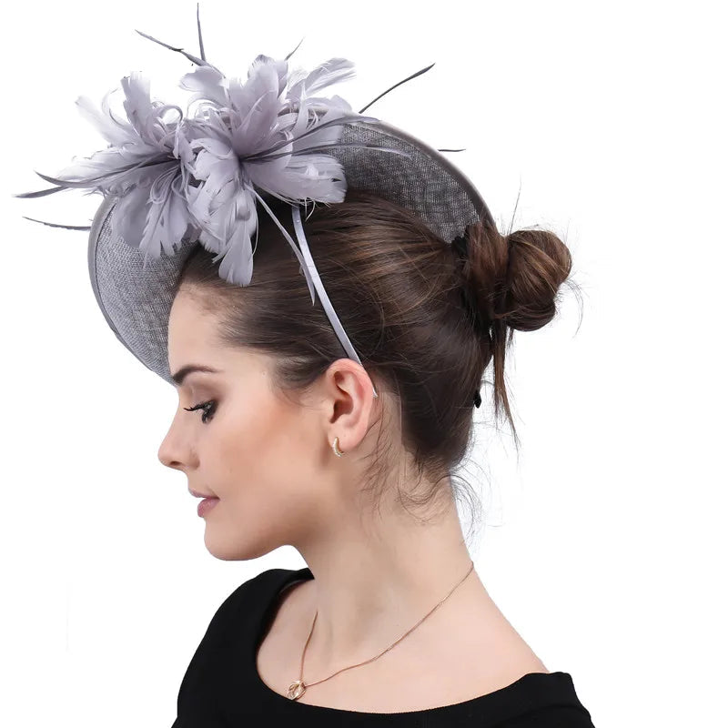 Elegant Floral Feather Fascinator Hat  -  Women's Derby & Wedding Formal Headpiece with Headband