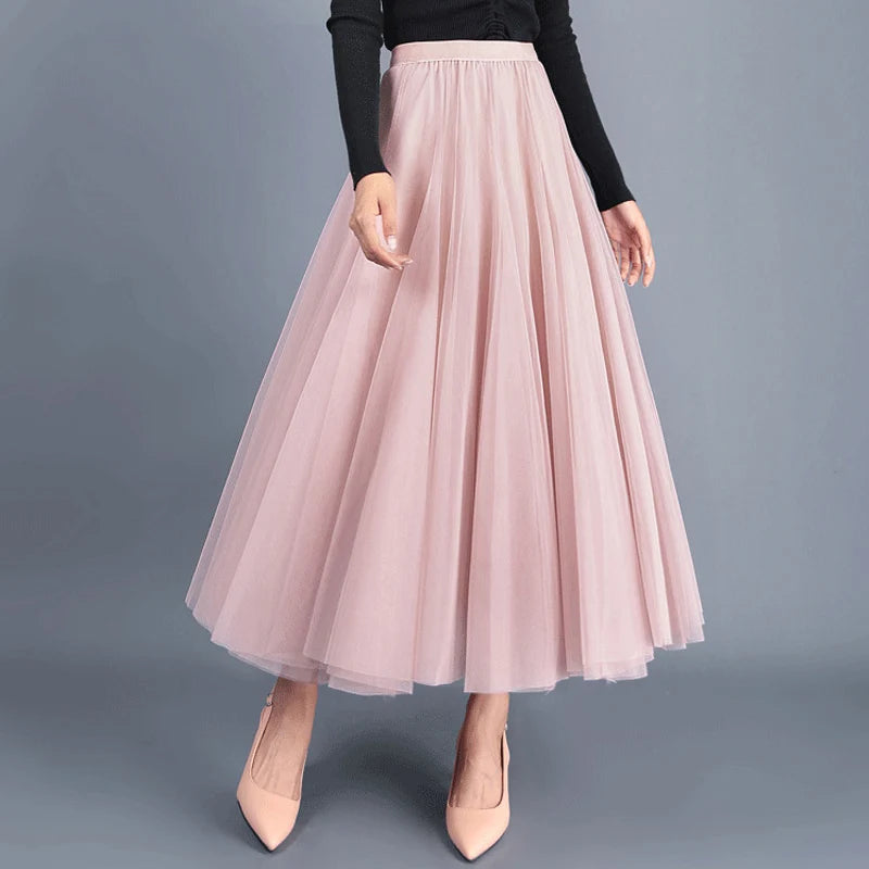 Elegant Beige Tulle Maxi Skirt – High Waist A-Line Mesh Long Skirt for Women