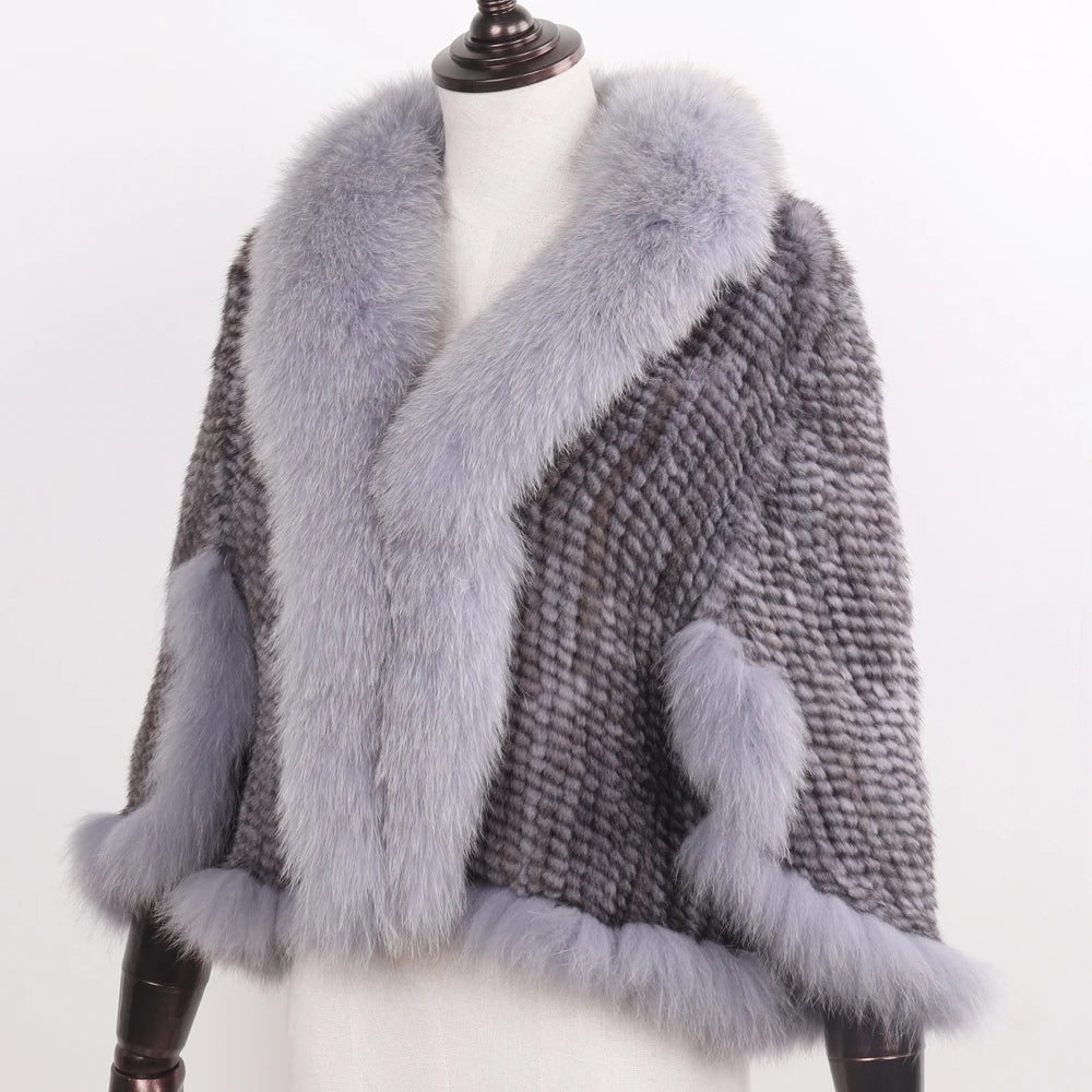 Women's Real Mink Fur Knitted Shawl Coat with Fox Fur Collar– Luxury Fashion Knit Cape Jacket