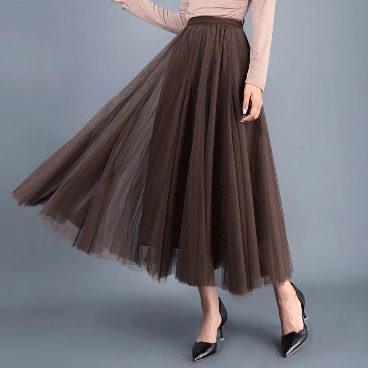 Elegant Beige Tulle Maxi Skirt – High Waist A-Line Mesh Long Skirt for Women