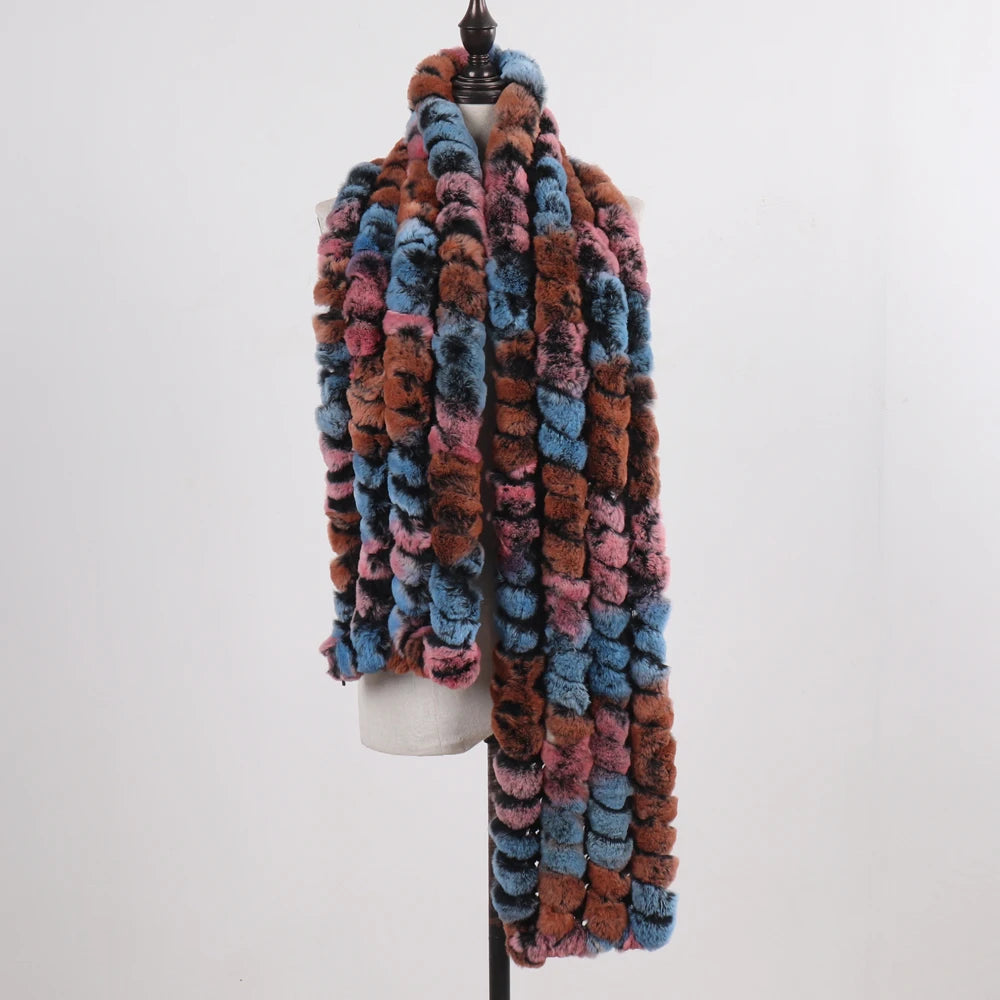 Knitted Fashion Lady Real Rex Rabbit Fur Scarf Women Winter Warm Natural Fur Scarves Long Style Real Fur Neckerchief