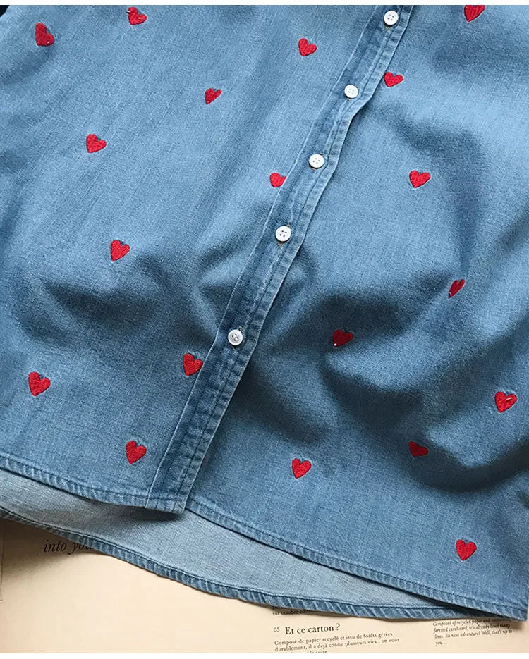 Women's Heart Embroidery Blouse - Turn-Down Collar, Single-Breasted, Fresh Long Sleeve Denim Shirt for Valentine's Day