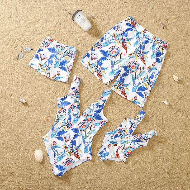Family Matching Floral Swimwear – Mommy & Me Swimsuits and Men’s Boy Swim Trunks for Beach Holidays