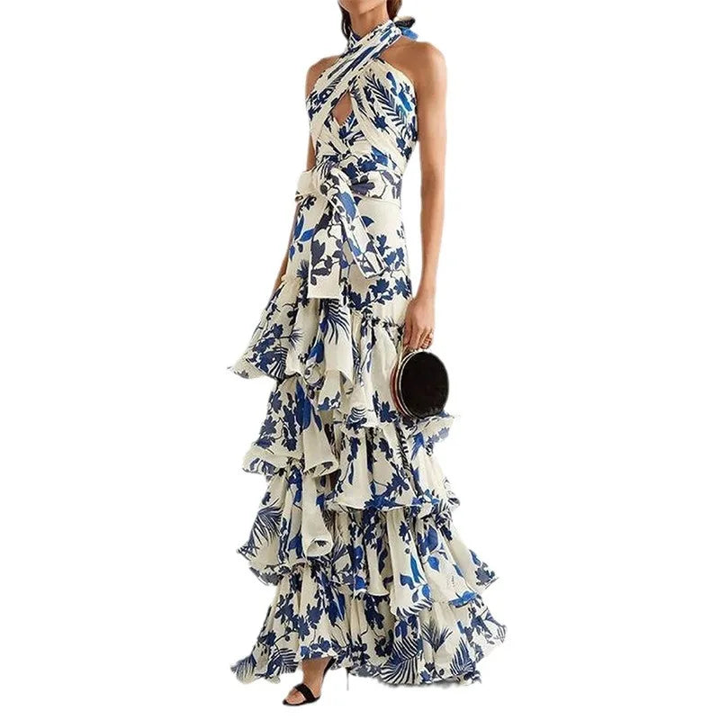2025 Elegant Summer Halter Maxi Dress  -  Printed Empire Waist with Ruffles & Lace Detail