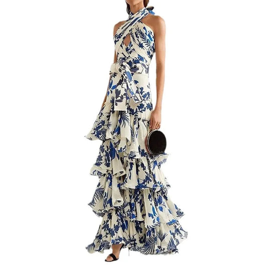 2025 Elegant Summer Halter Maxi Dress - Printed Empire Waist with Ruffles & Lace Detail - HER SHOP®