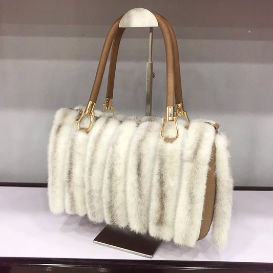 White fur handbag with brown handles on a stand, branded 'LLHPB FUR'. - HER SHOP