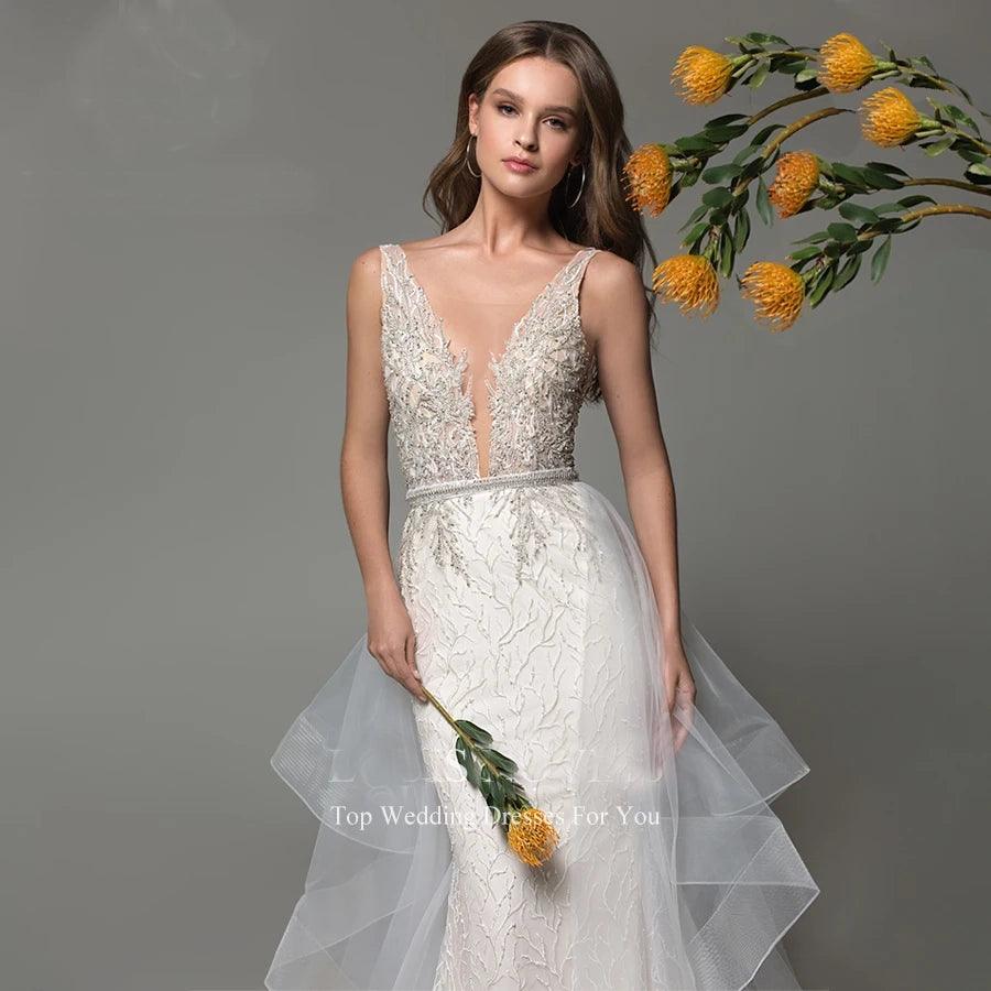 Sexy Mermaid Wedding Dress 2025- Detachable Train, Shimmering Beaded V-Neck, Backless Sleeveless Wedding Gown (Vestido De Novia)