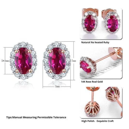 14K Rose Gold Natural Ruby and Diamond Stud Earrings - 0.55 Carat Ruby, 0.175 Carat Diamond - Elegant Jewelry for Women - HER SHOP