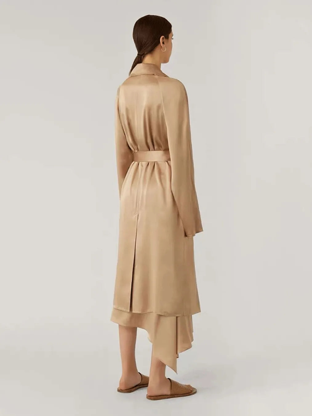 Effortless Chic Gloss 100% Heavy Silk Satin Champagne Double Breasted Belted Trench Elegant Turn-Collar Long Coat Event Outwear