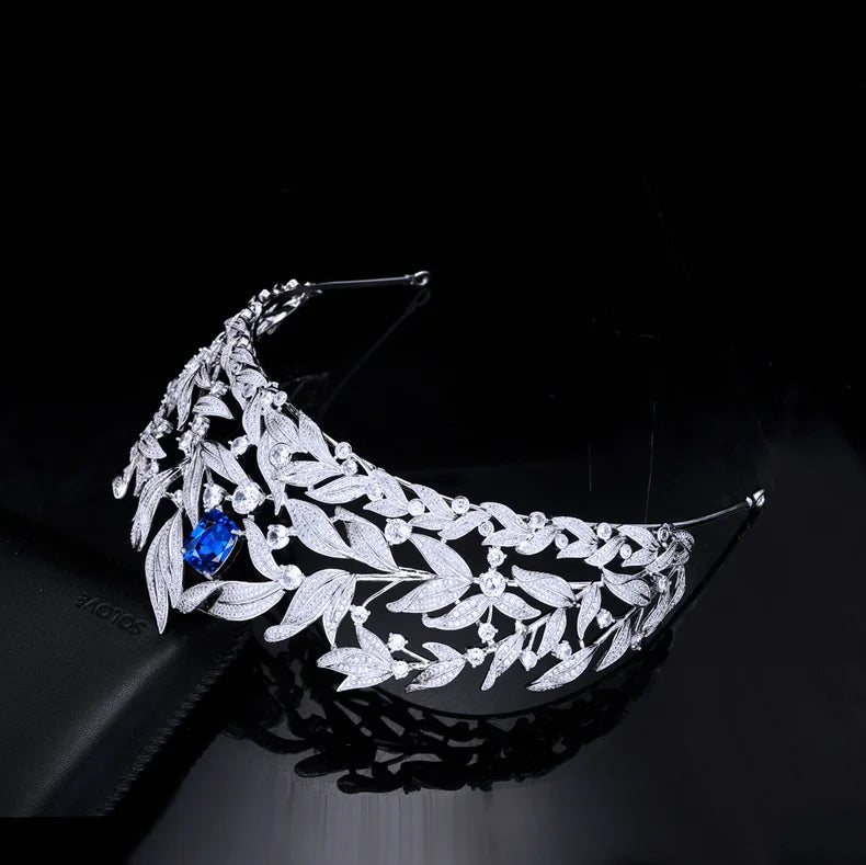 Luxury Platinum-Plated Leaf Tiara – Cubic Zirconia Bridal Crown for Weddings & Proms