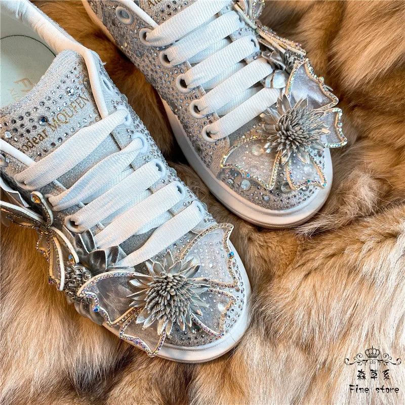 Silver Diamond Butterfly Bow Sneakers for Women - Comfortable, Fashionable Platform Shoes with Crystal and Flower Design