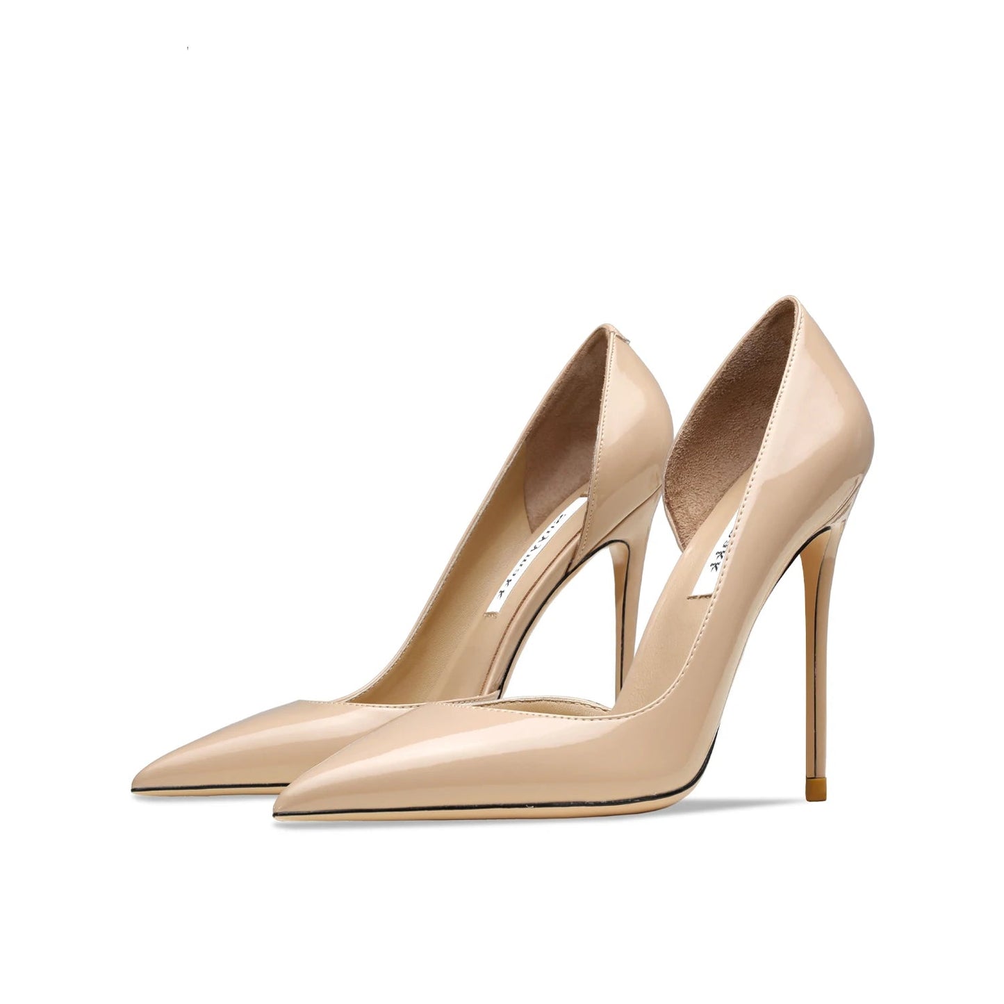 Beige high-heeled shoes with 'Suyymakk' branding on a white background
