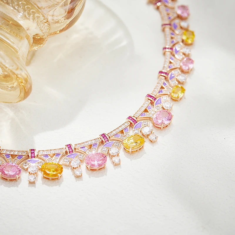 High End Women's Evening Dress Necklace pink Yellow Brass Chain Enamel Craftsmanship Inlaid with Zircon Colorful Fashion