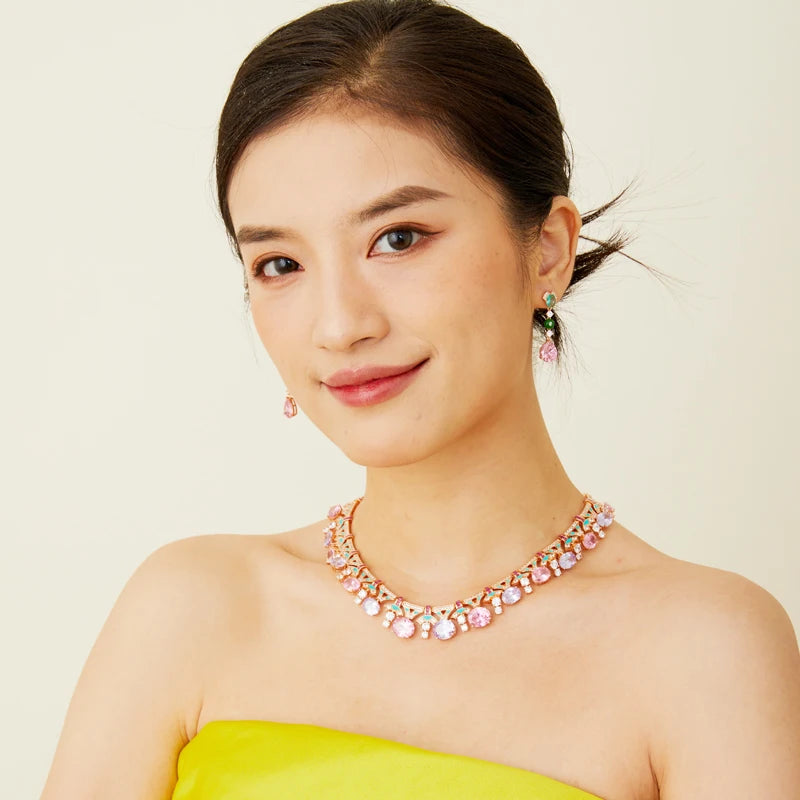 High End Women's Evening Dress Necklace pink Yellow Brass Chain Enamel Craftsmanship Inlaid with Zircon Colorful Fashion