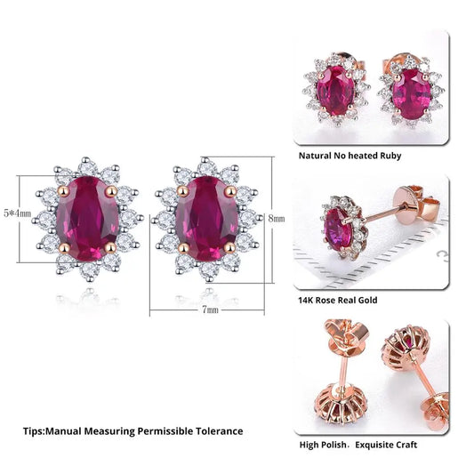 Natural Ruby and Diamond Sunflower Stud Earrings - 14K Rose Gold Fine Jewelry Gift - HER SHOP