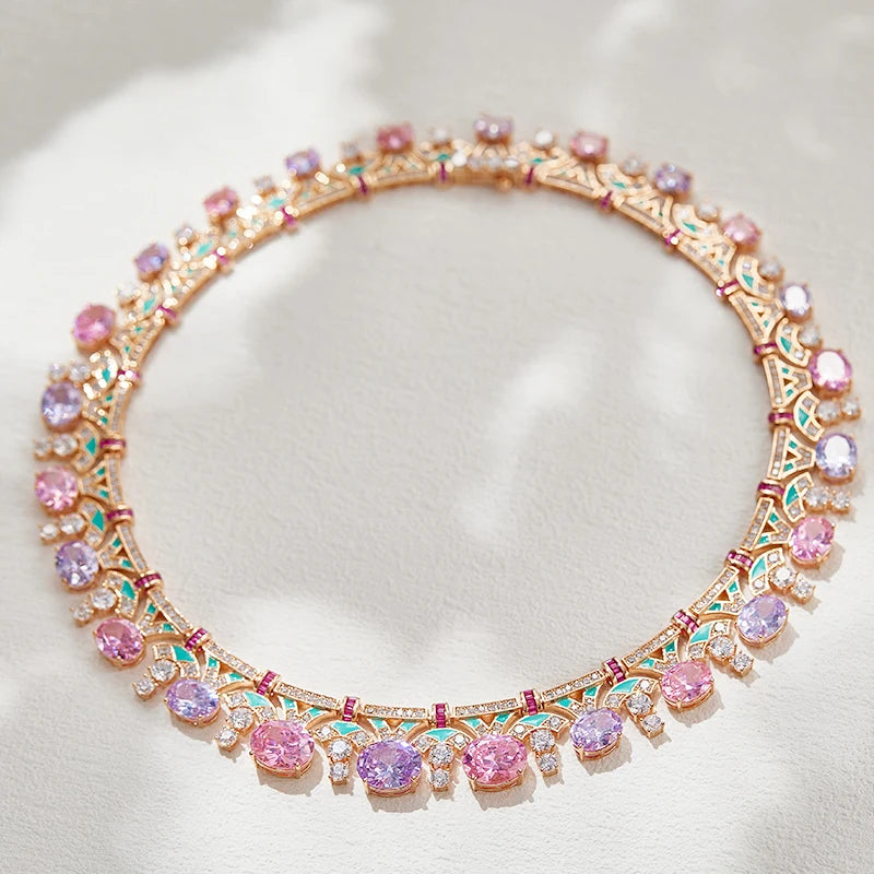 High End Women's Evening Dress Necklace pink Yellow Brass Chain Enamel Craftsmanship Inlaid with Zircon Colorful Fashion