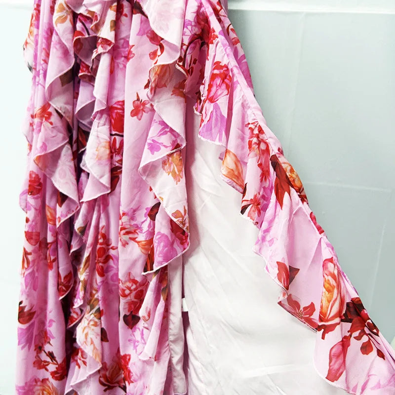 2025 Sexy Halter Floral Maxi Dress  -  Sleeveless Fit & Flare Party Gown with Ruffles