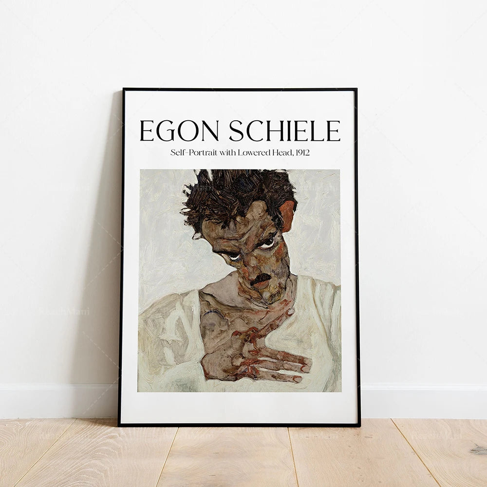 Egon Schiele - Self-portrait with head bowed, self-portrait with physalis, portrait of Dr. Hugo Kohler decorating poster