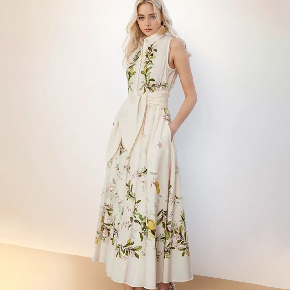 2025 Summer Advanced Design Beige Sleeveless Maxi Dress with Bow Belt and Turn-Down Collar