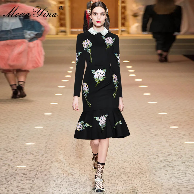 Autumn Runway Elegant Black Mermaid Dress – Beaded Turn-Down Collar, Black / XXL