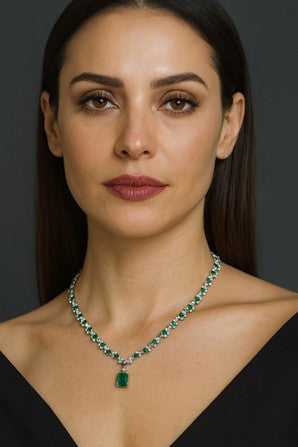 Vintage 100% 925 Sterling Silver 15×17MM Emerald & High Carbon Diamond Gemstone Pendant Necklace  -  Fine Jewelry Gift for Women