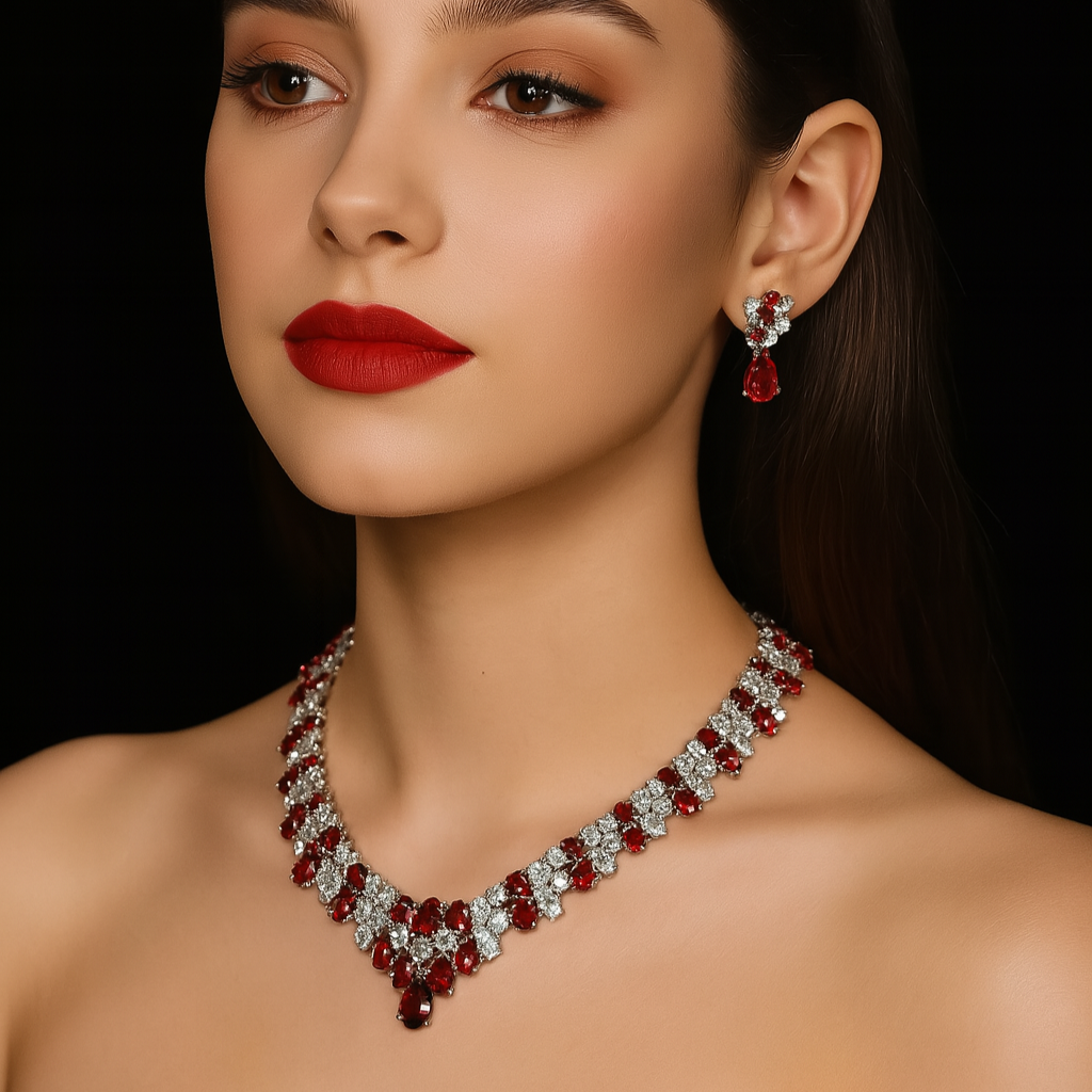 Lab-Grown Ruby and Lab-Grown Diamond Jewelry Set – Necklace (Total 100ctw), Earrings (Total 16.5ctw)