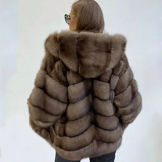 Luxurious Genuine Mink Fur Coat with Hooded Fur Trim - HER SHOP