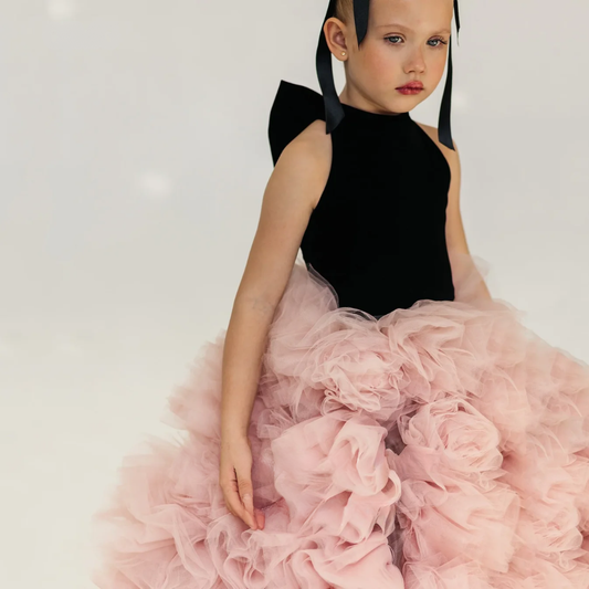 Luxury flower girl dress with high neck, floral appliqués, and bow detail. Elegant organza floor-length gown for weddings and special occasions, custom-made for a perfect fit. - HER SHOP