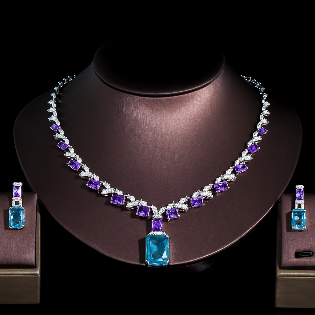 Luxury Blue & Purple Cubic Zirconia Bridal Jewelry Set – Silver Square Drop Necklace & Earrings for Wedding or Party
