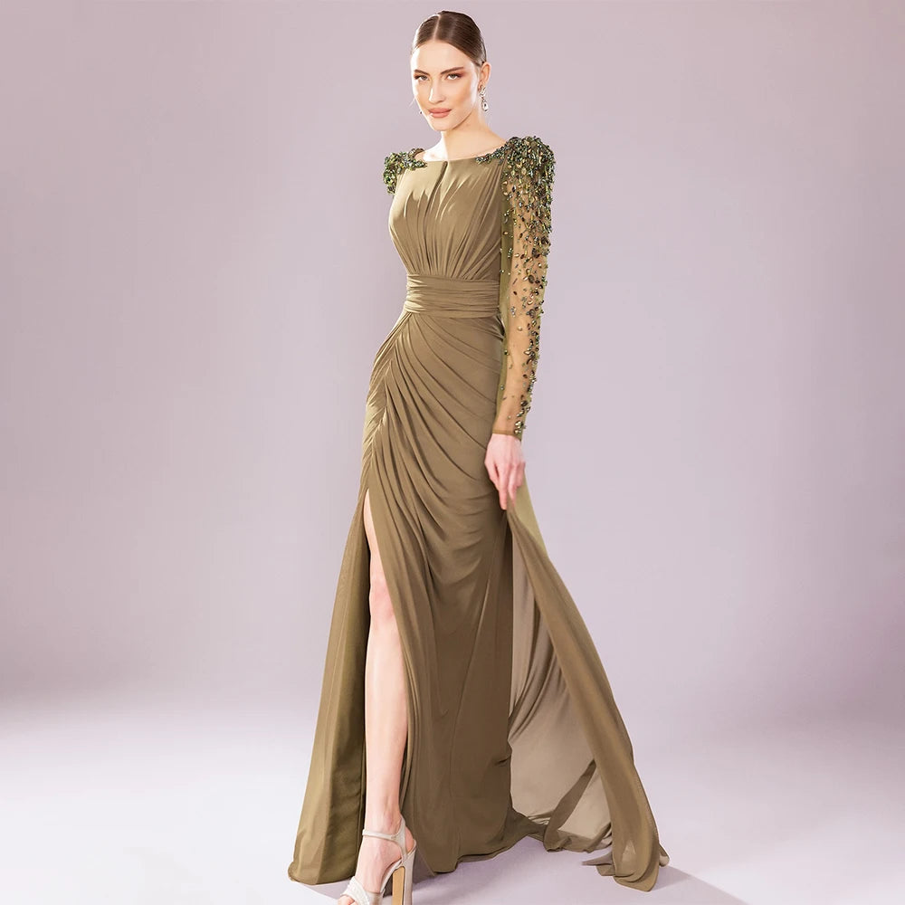 Luxury Green Chiffon Evening Gown  -  Crystal Long Sleeve Column Dress with Side Split | Mother of the Bride or Formal Party Look