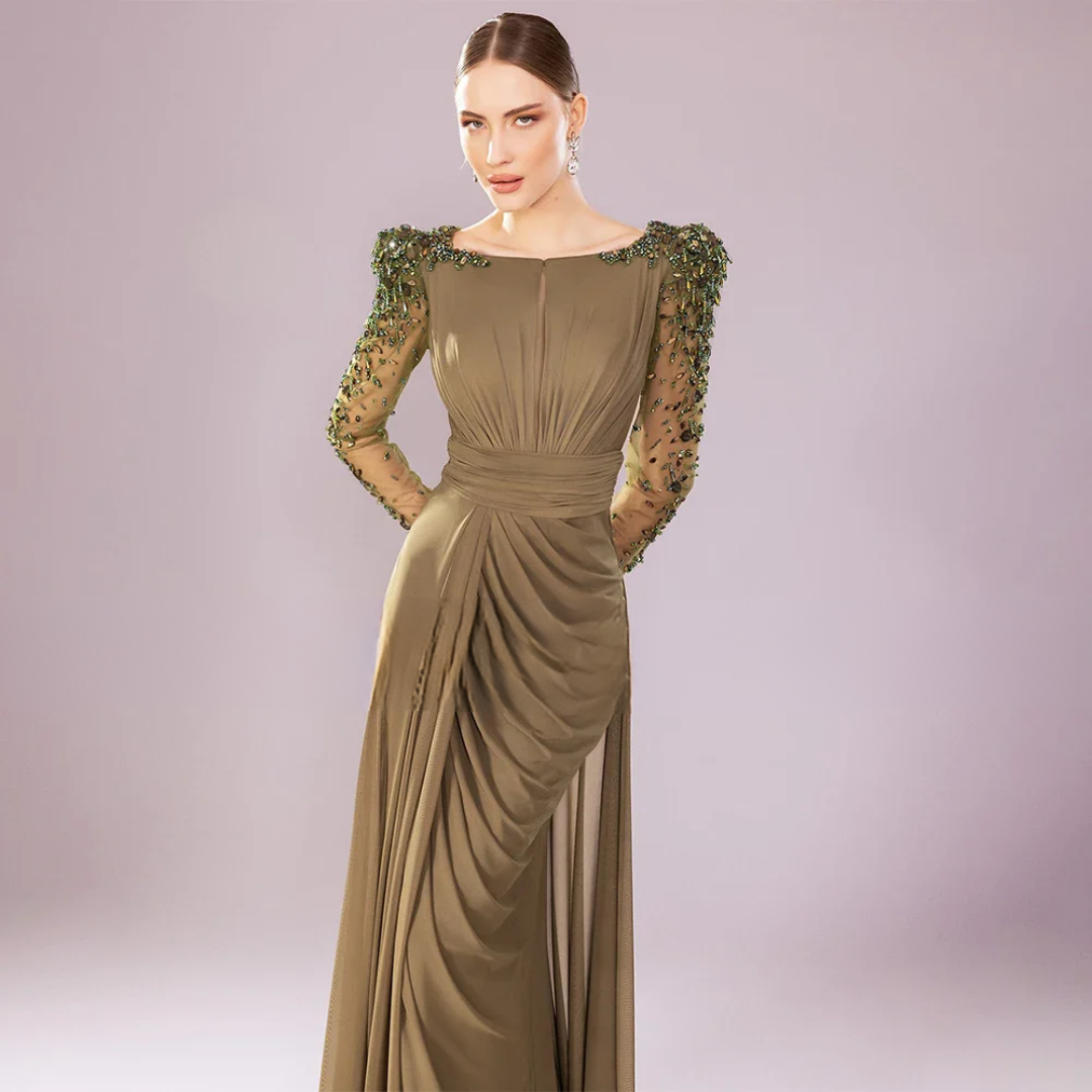 Luxury Green Chiffon Evening Gown  -  Crystal Long Sleeve Column Dress with Side Split | Mother of the Bride or Formal Party Look